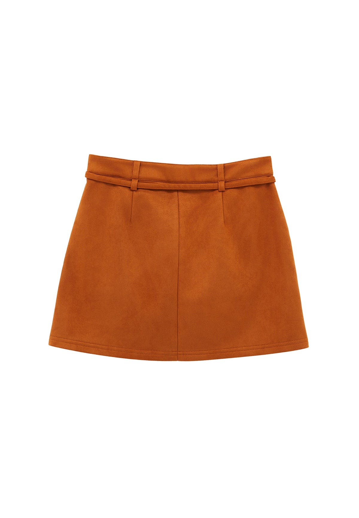 Short High Waist Belted Leather Skirt - CARAMEL CAFE