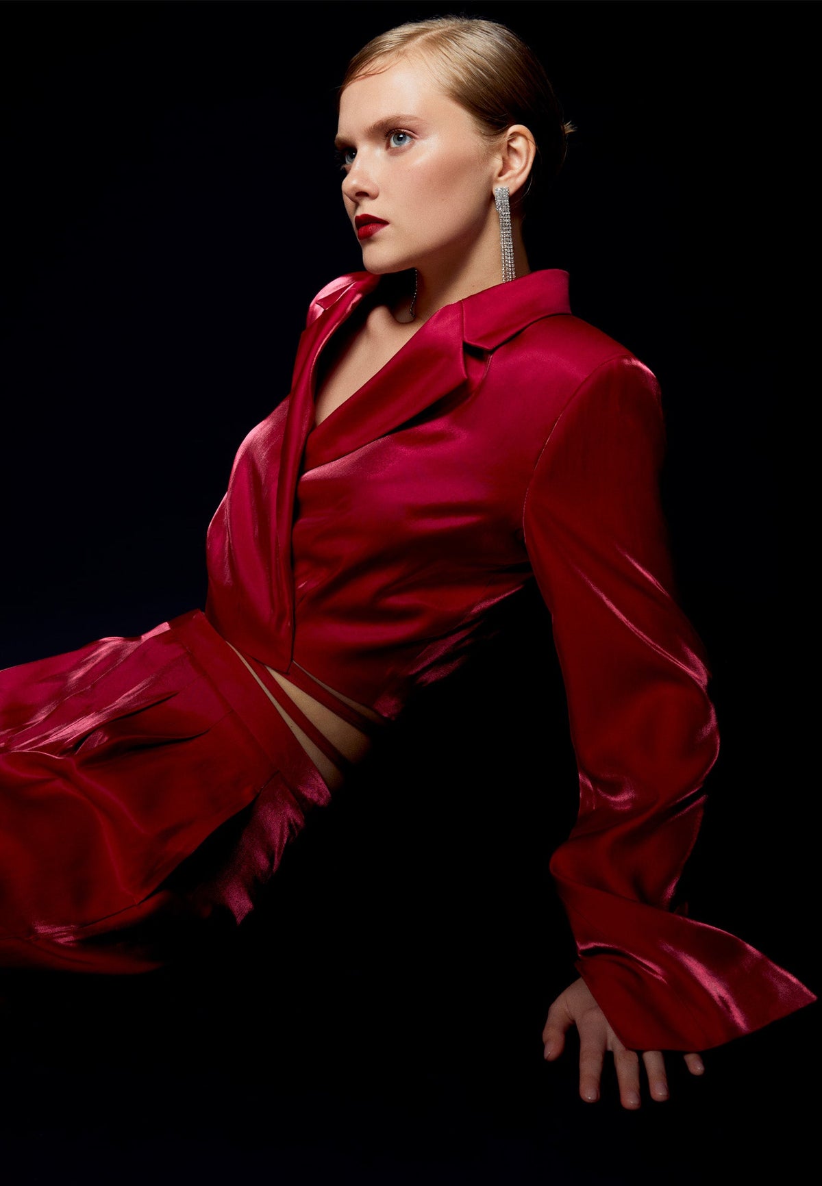 Double Breasted Collar Crop Satin Jacket - CERISE