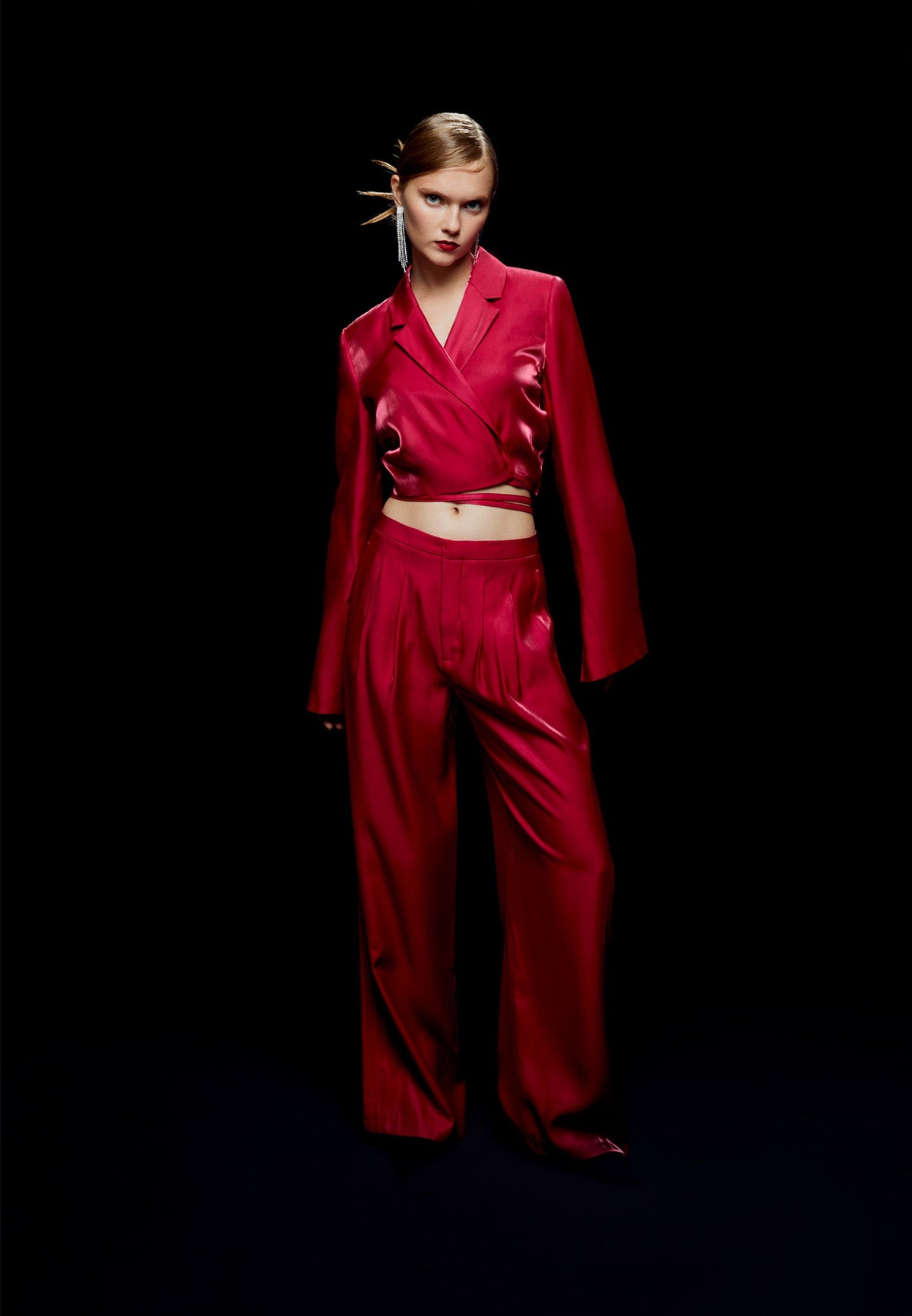 Double Breasted Collar Crop Satin Jacket - CERISE