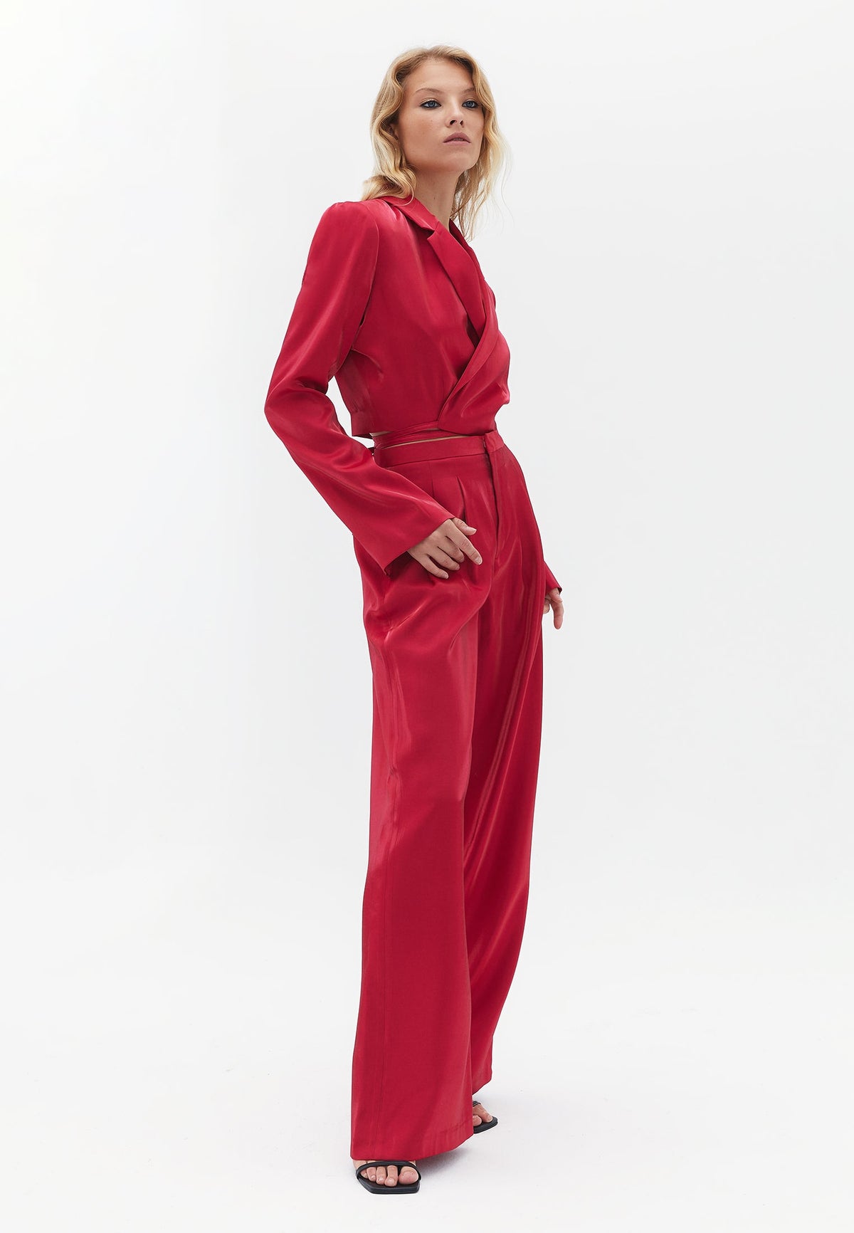 Double Breasted Collar Crop Satin Jacket - CERISE