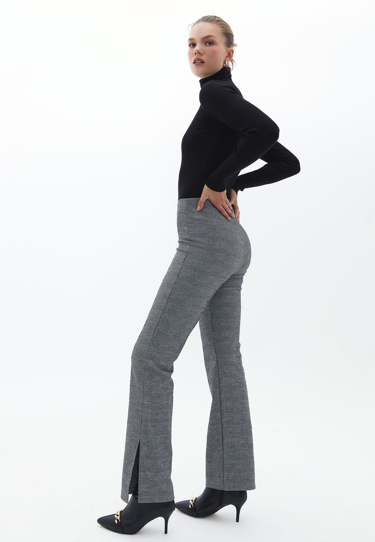 High Waist Straight Leg Pants - CHECK COMB