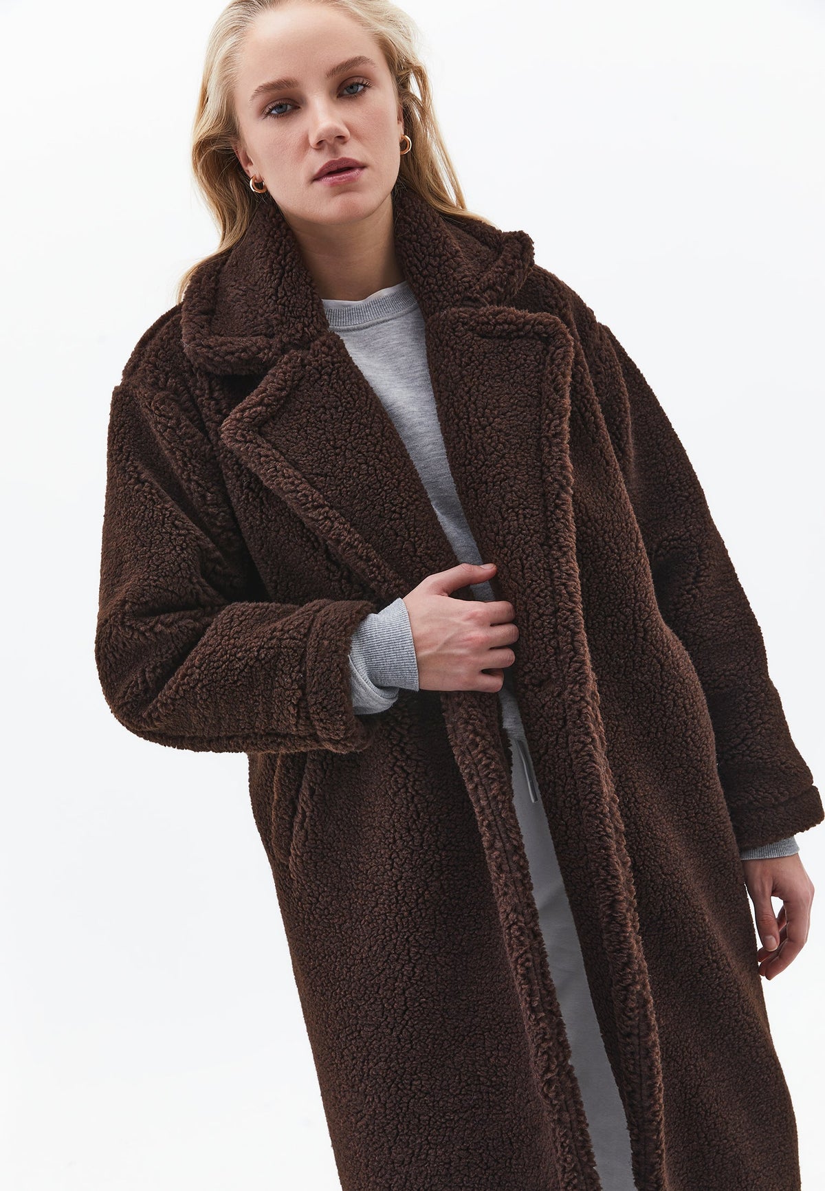 V Neck Long Sleeve Tunic Coat - CHOCOLATE TORTE