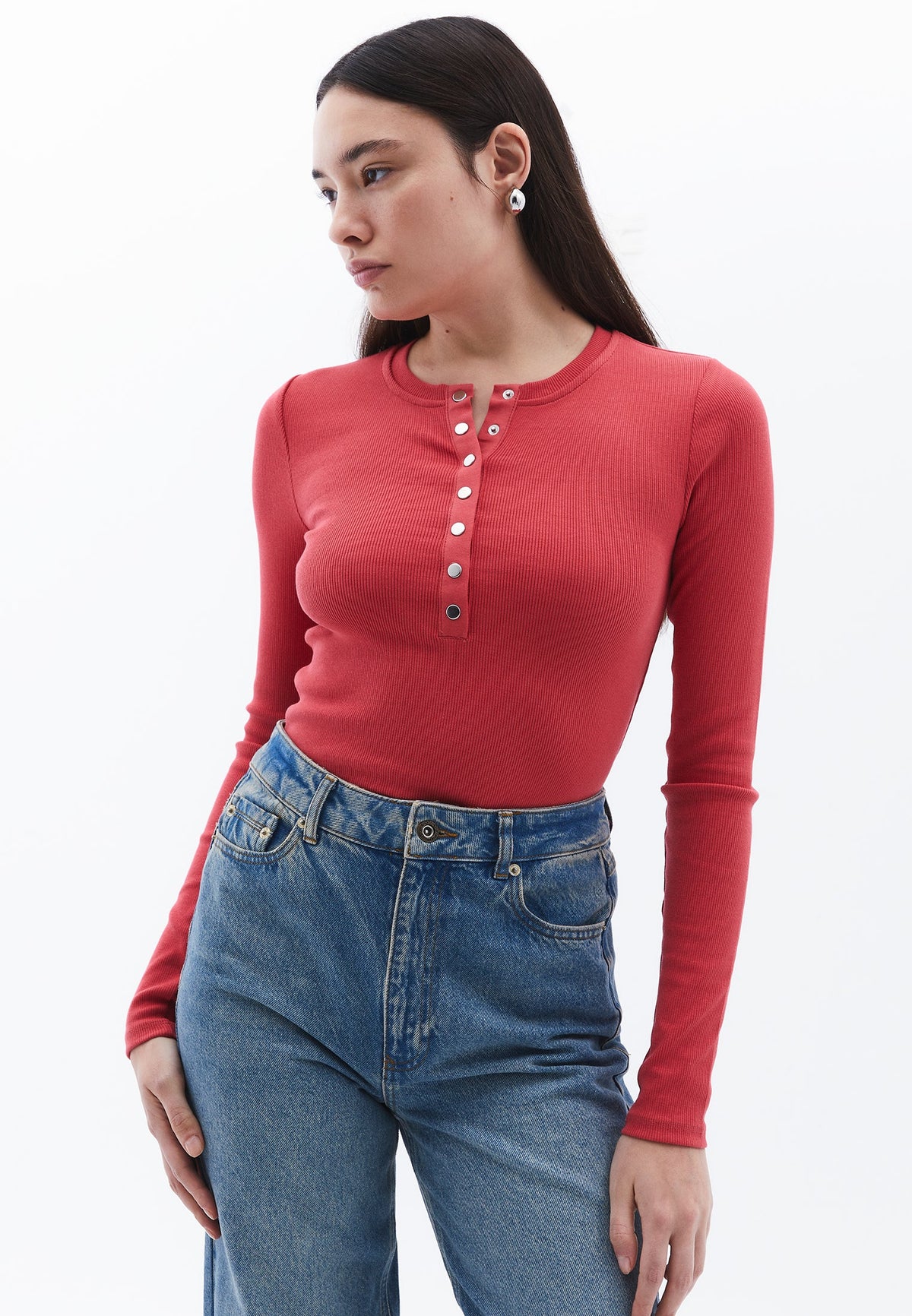 Ribbed Fabric Long Sleeve T-Shirt Crew Neck - CHRYSANTHEMUM