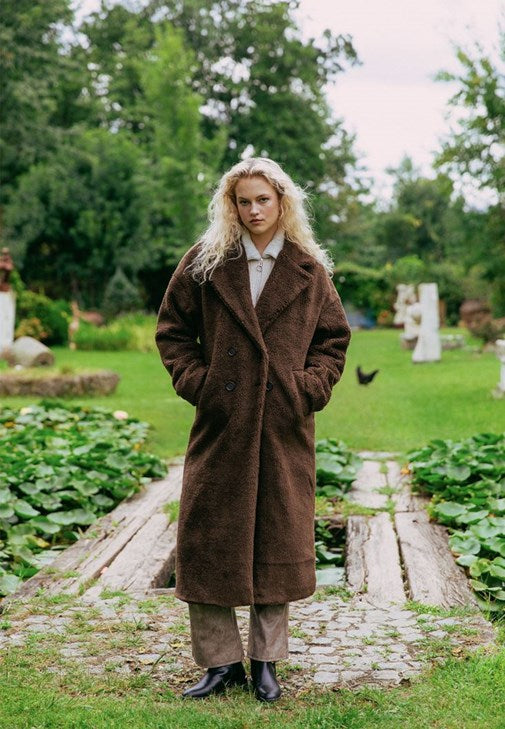 Long Oversize Boucle Coat - DARK EARTH