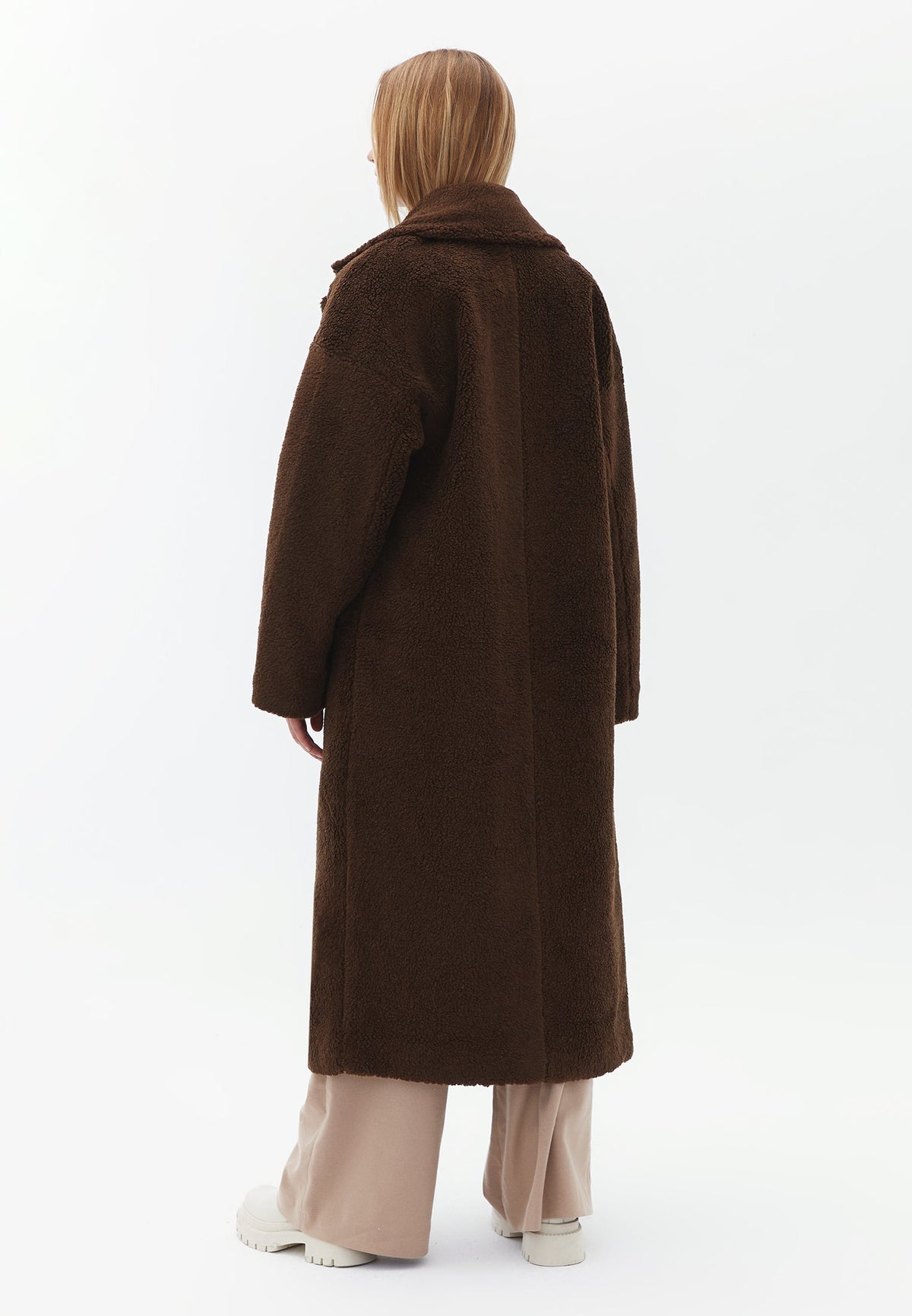 Long Oversize Boucle Coat - DARK EARTH