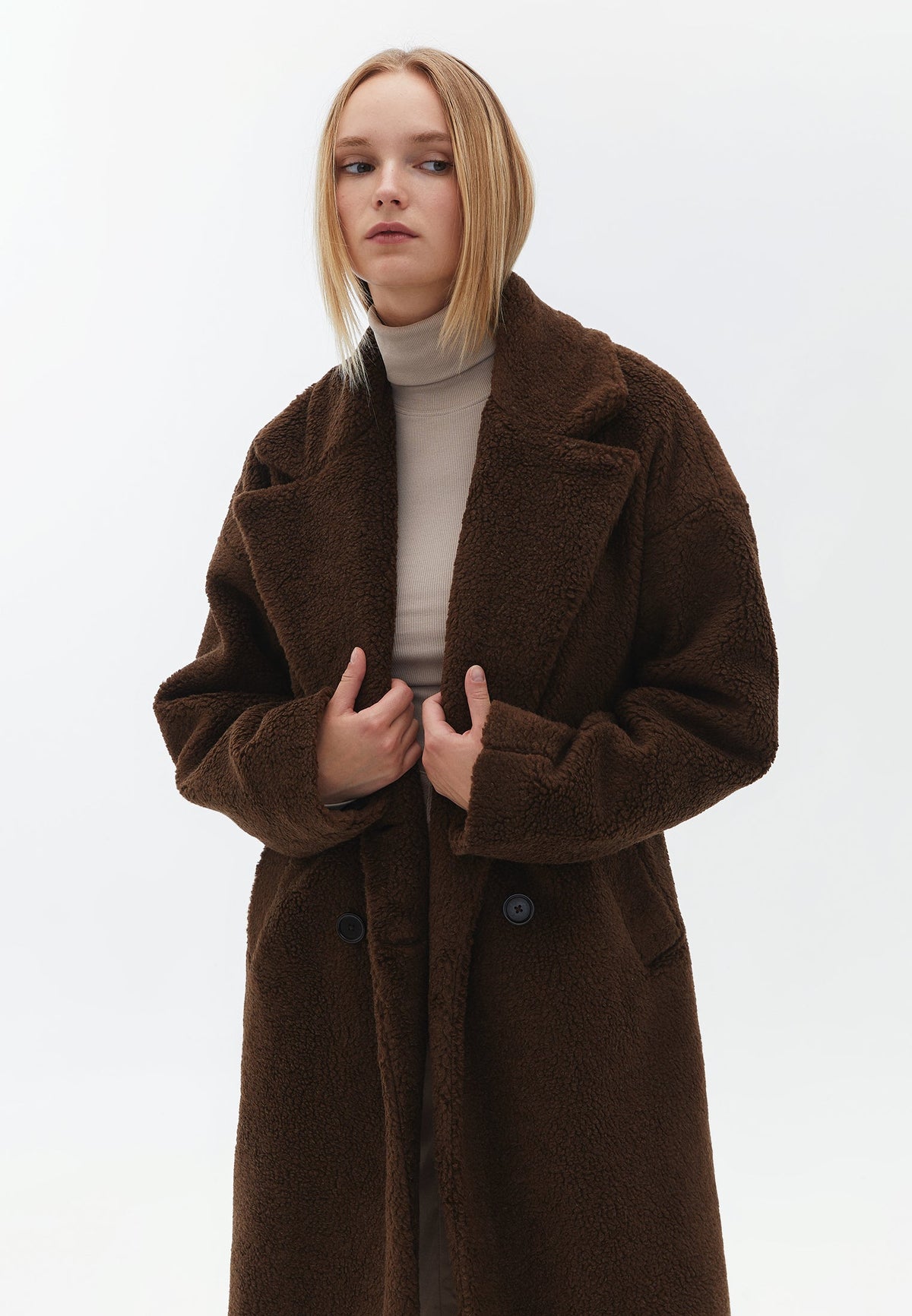 Long Oversize Boucle Coat - DARK EARTH