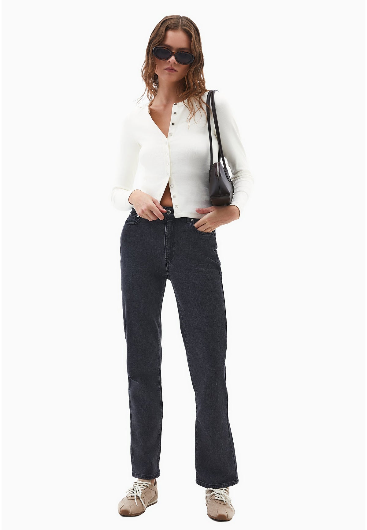 High Waist Straight Leg Denim Pants - DARK GREY DENIM