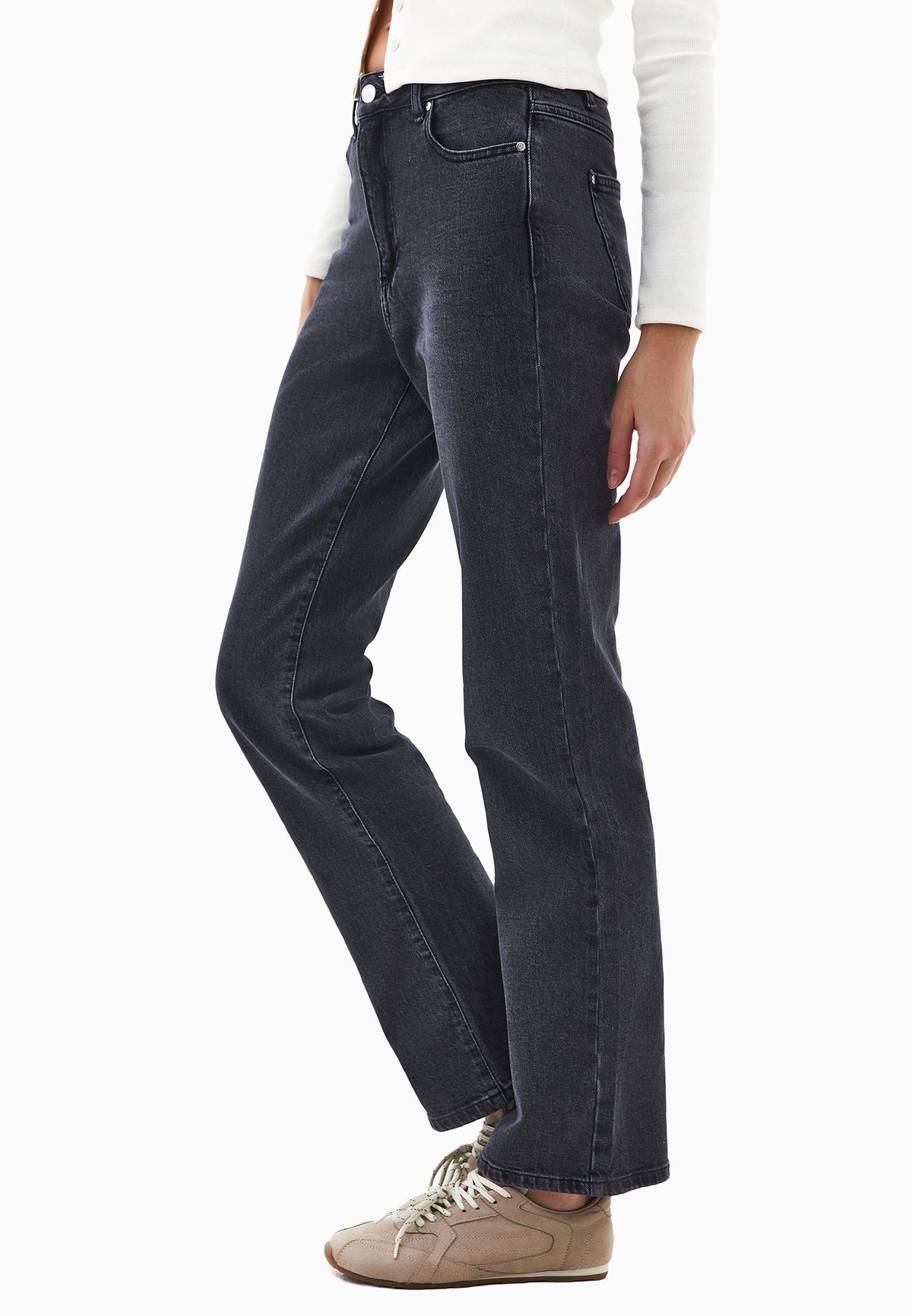 High Waist Straight Leg Denim Pants - DARK GREY DENIM