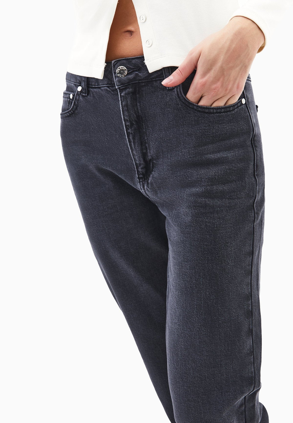 High Waist Straight Leg Denim Pants - DARK GREY DENIM