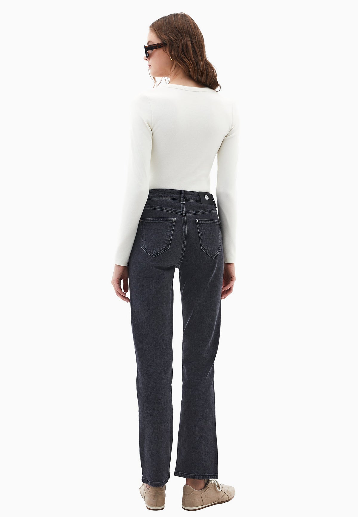 High Waist Straight Leg Denim Pants - DARK GREY DENIM