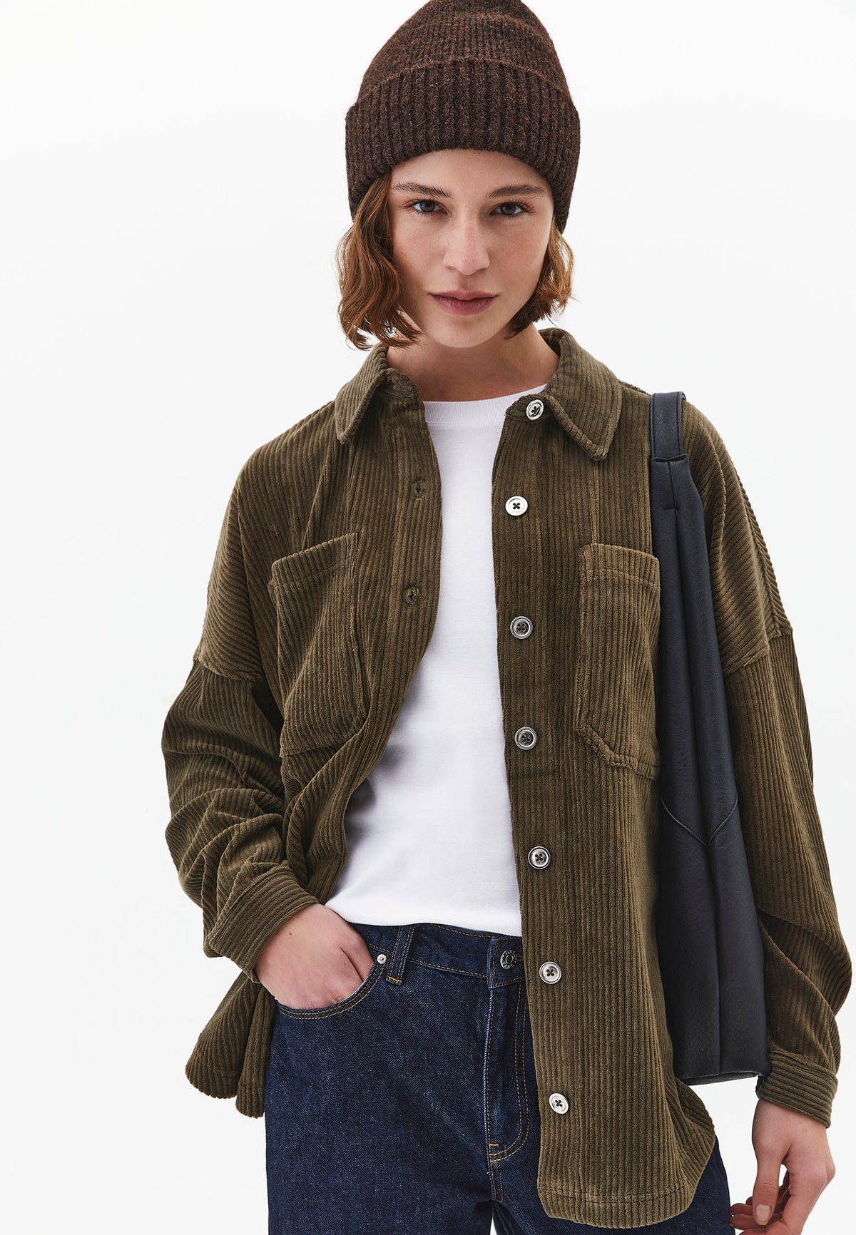 Oversize Pocket Detailed Ribbed Shirt - DARK OLIVE
