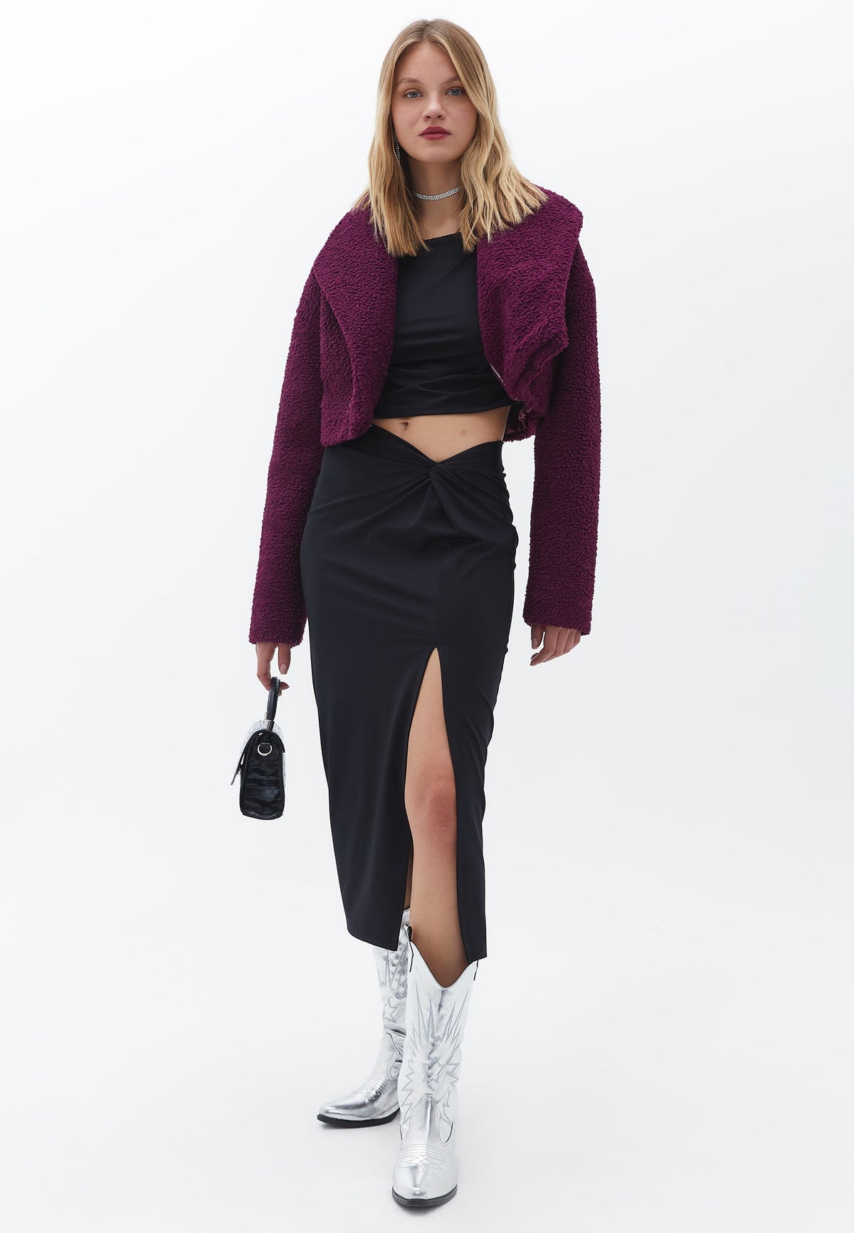 Oversize Crop Bouclé Jacket - DARK PURPLE