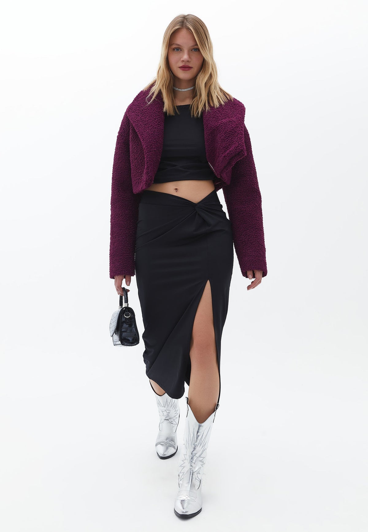 Oversize Crop Bouclé Jacket - DARK PURPLE