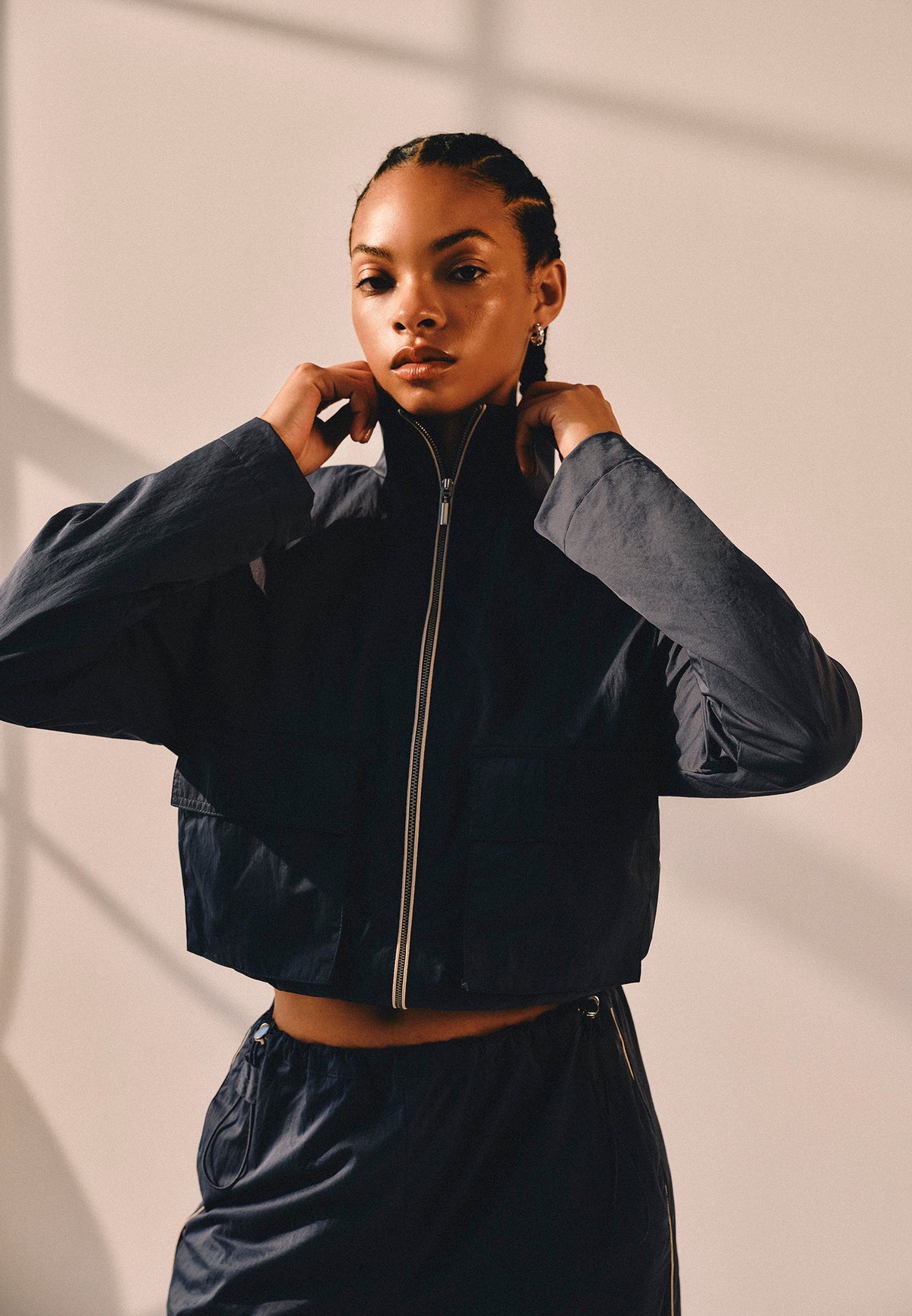 Jacket With Pockets, High Collar, Long Sleeves - DARK SLATE