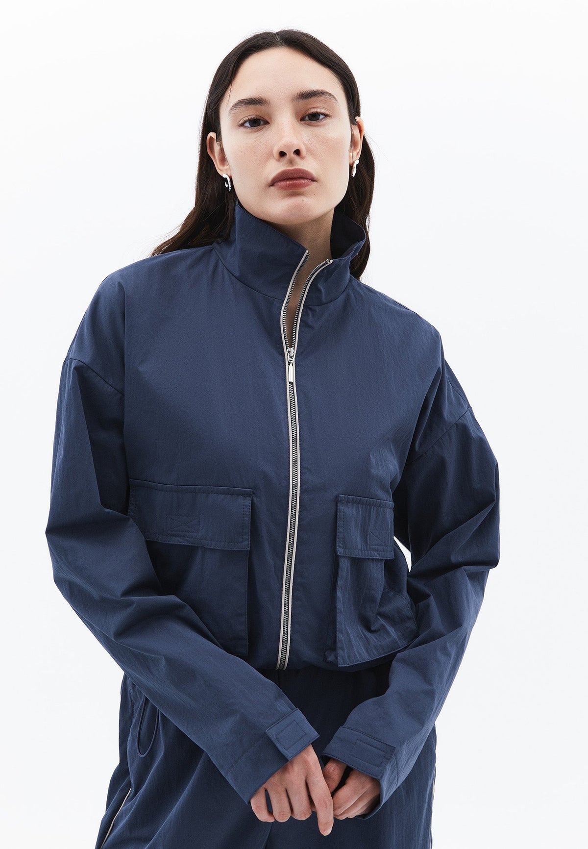 Jacket With Pockets, High Collar, Long Sleeves - DARK SLATE