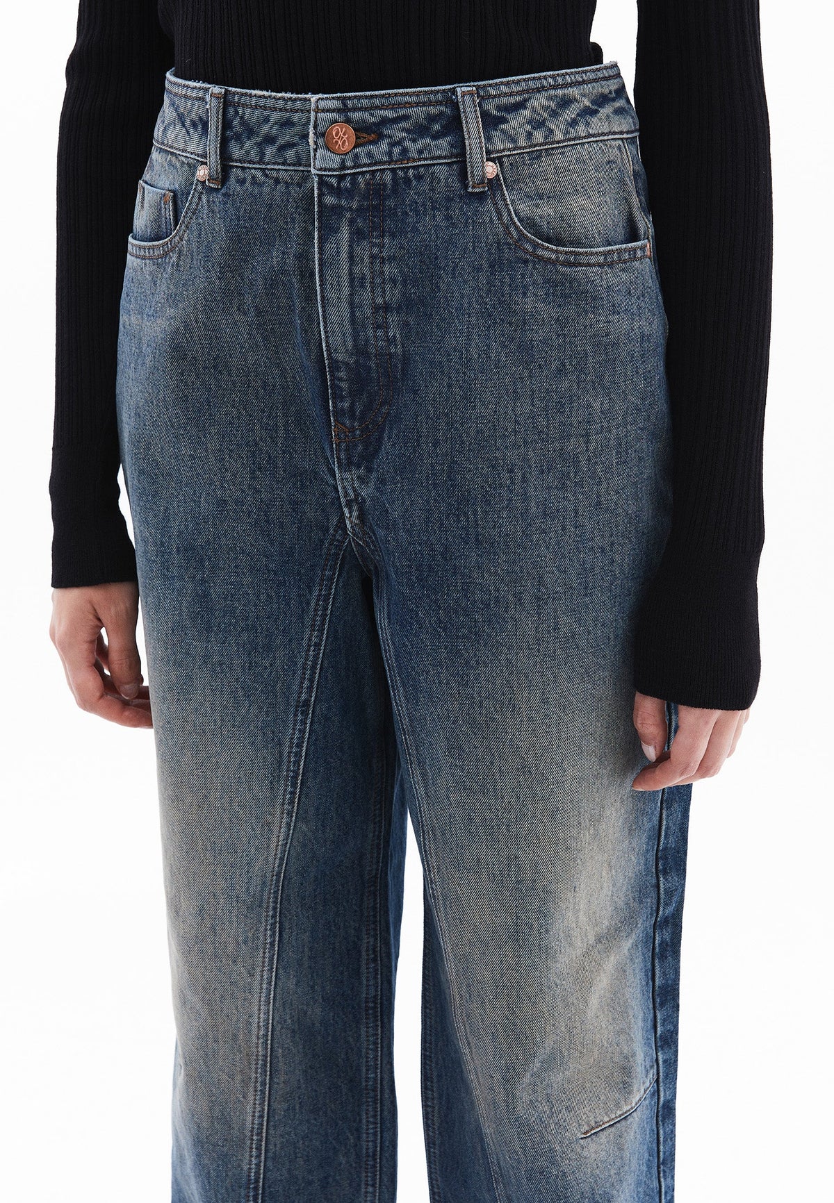 Baggy Pants With Cut-Out Details - DARK TOBACCO DENIM