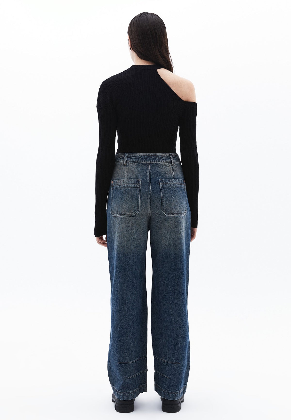 Baggy Pants With Cut-Out Details - DARK TOBACCO DENIM