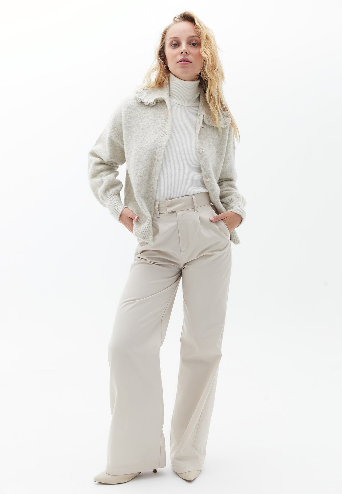 Polo Collar Long Sleeve Cardigan - DAWN BLUE MELANGE