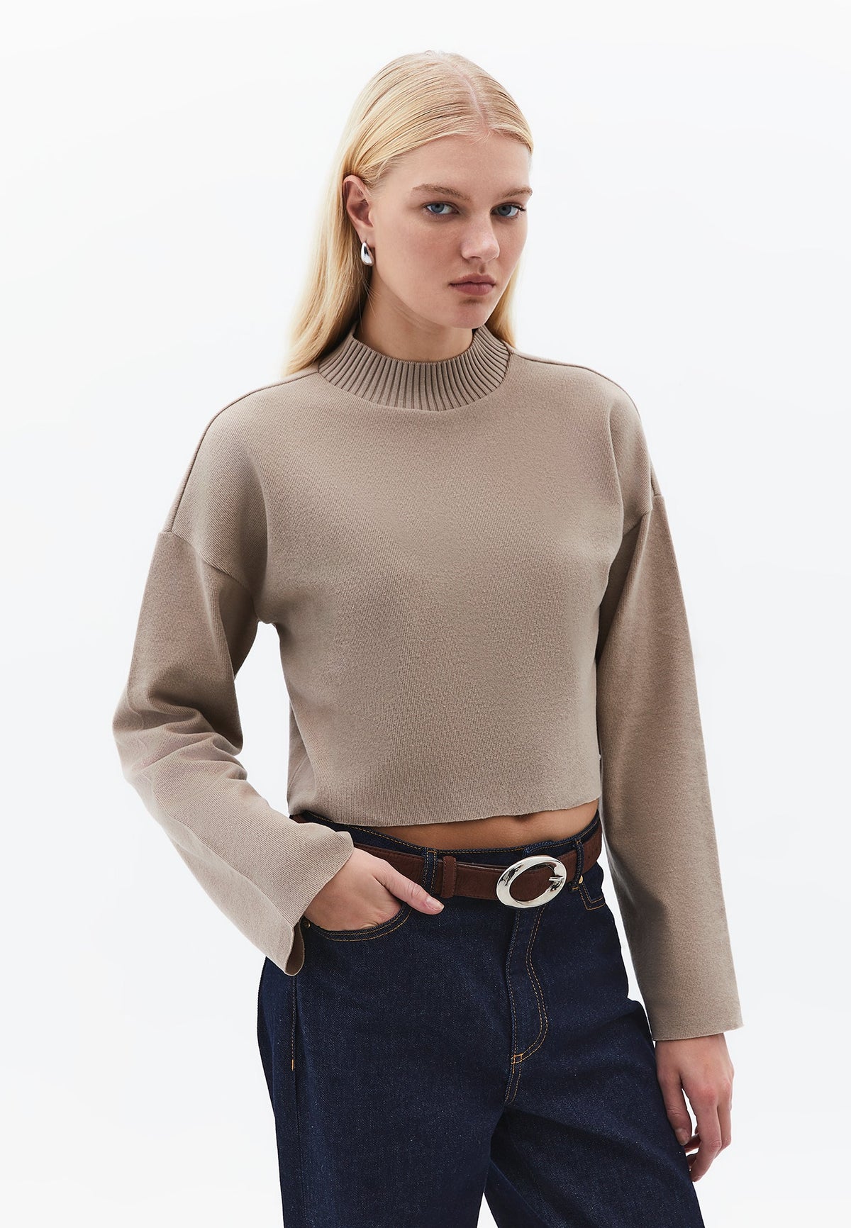 High Neck Cropped Sweater - DESERT TAUPE