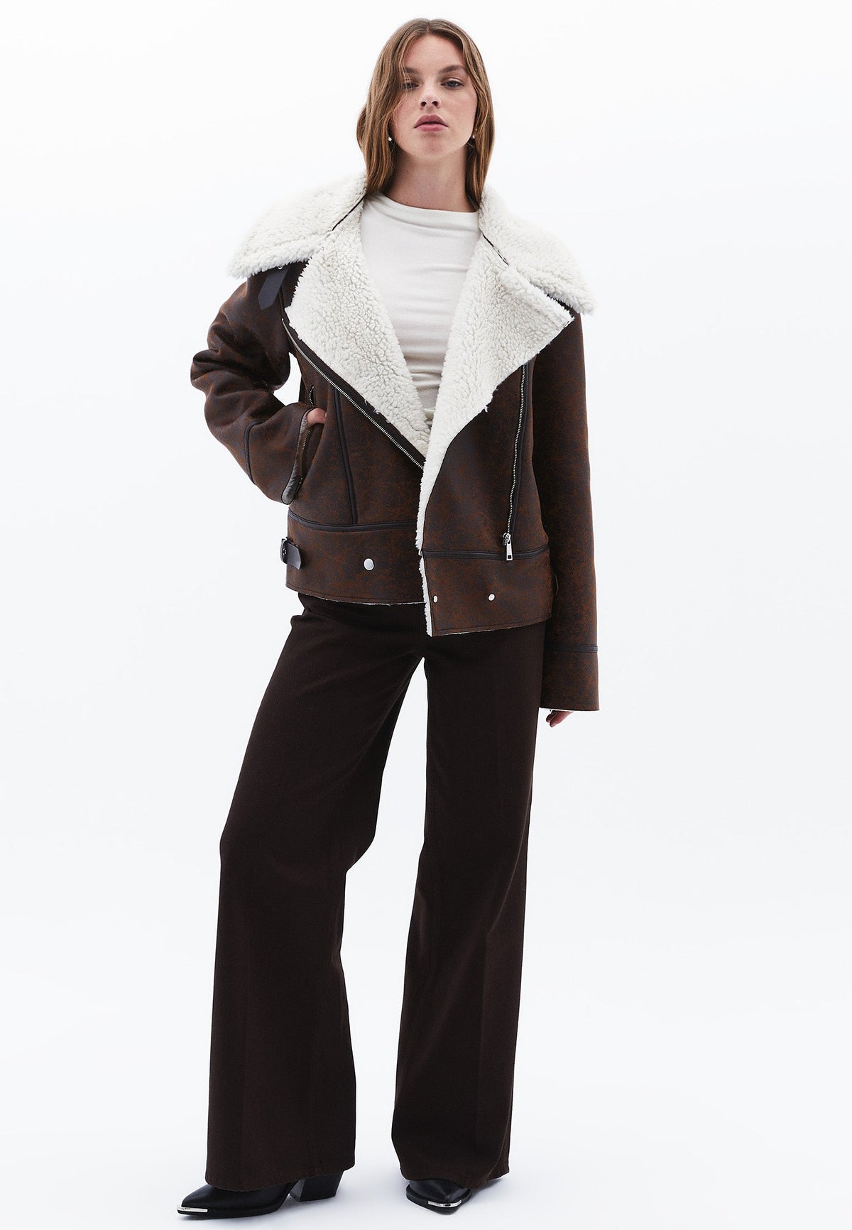 Double Breasted Collar Leather Jacket - DOWNTOWN BROWN