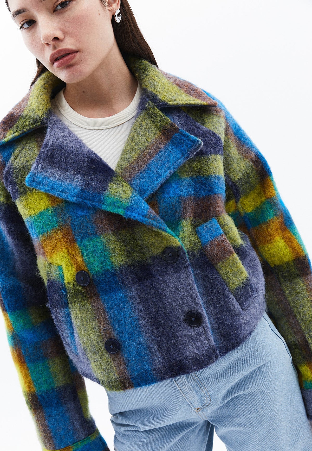 Oversize Double-Breasted Checked Crop Jacket - EKO COMB