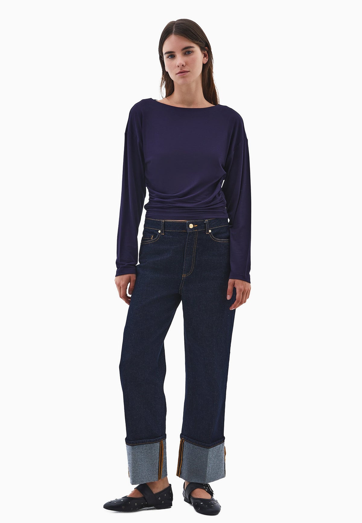 Boat Neck Long Sleeve T-Shirt - EVENING BLUE