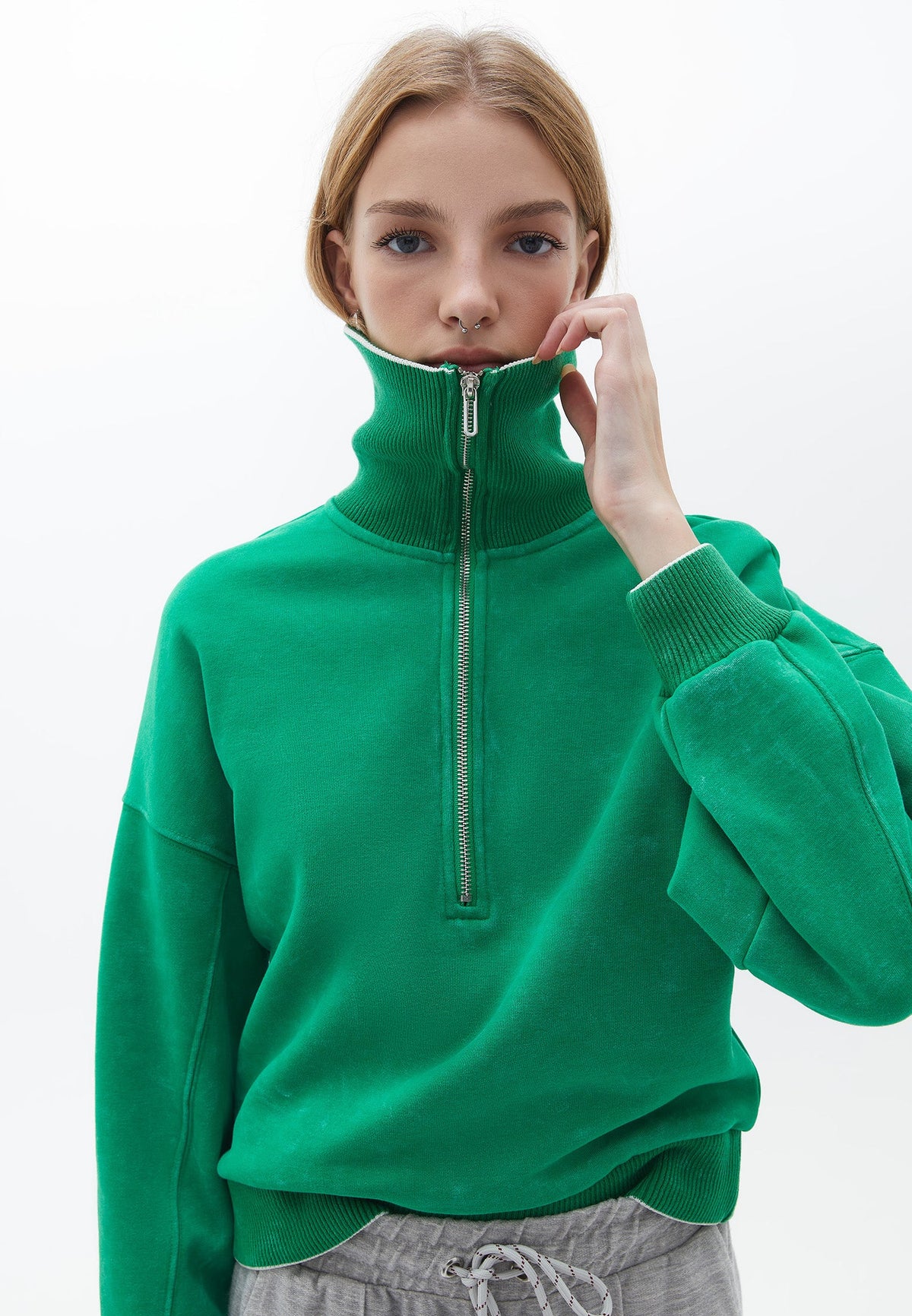 High Neck Long Sleeve Sweatshirt - FERN GREEN