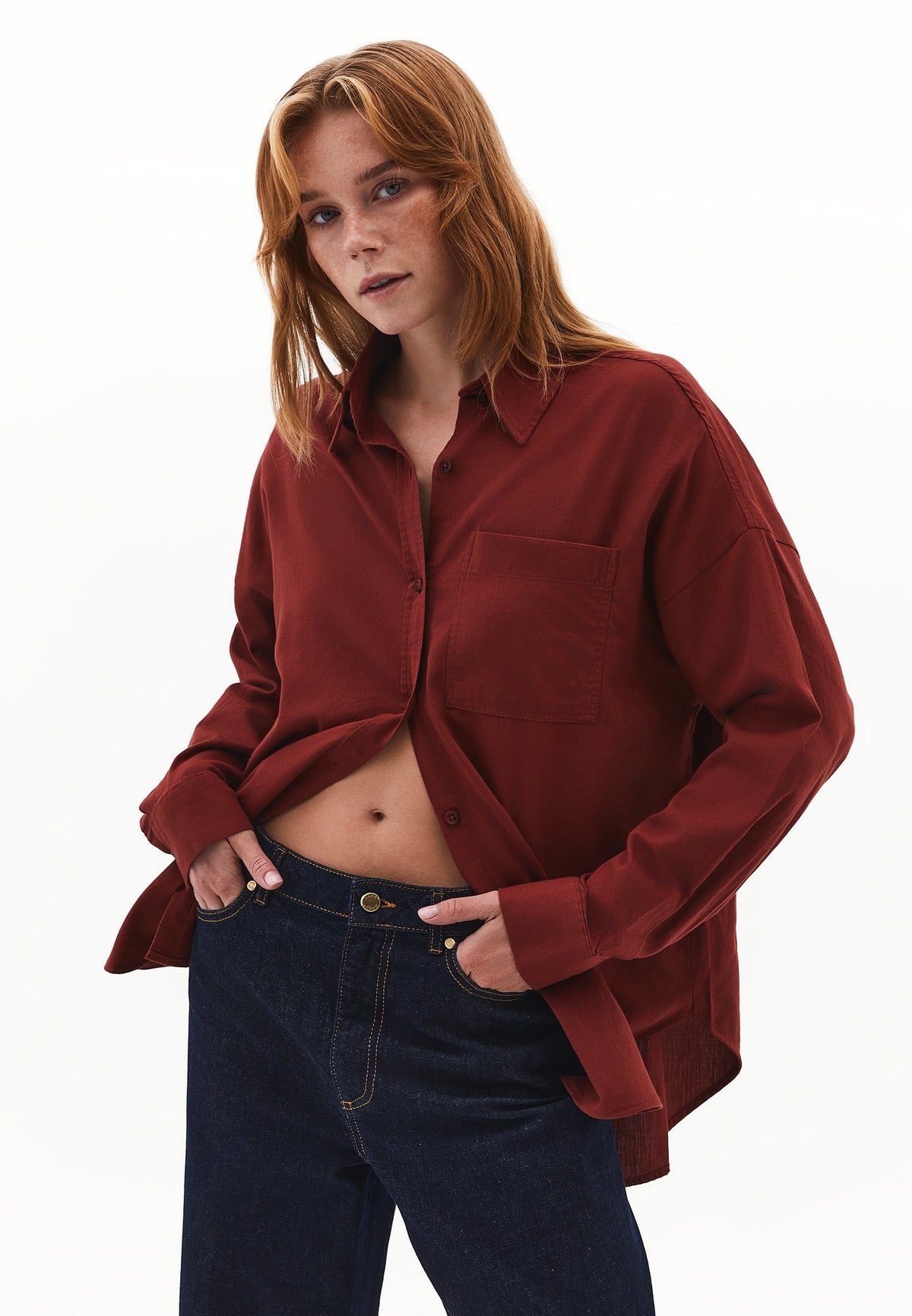 High Neck T-Shirt With Zipper Detail - FIRED BRICK