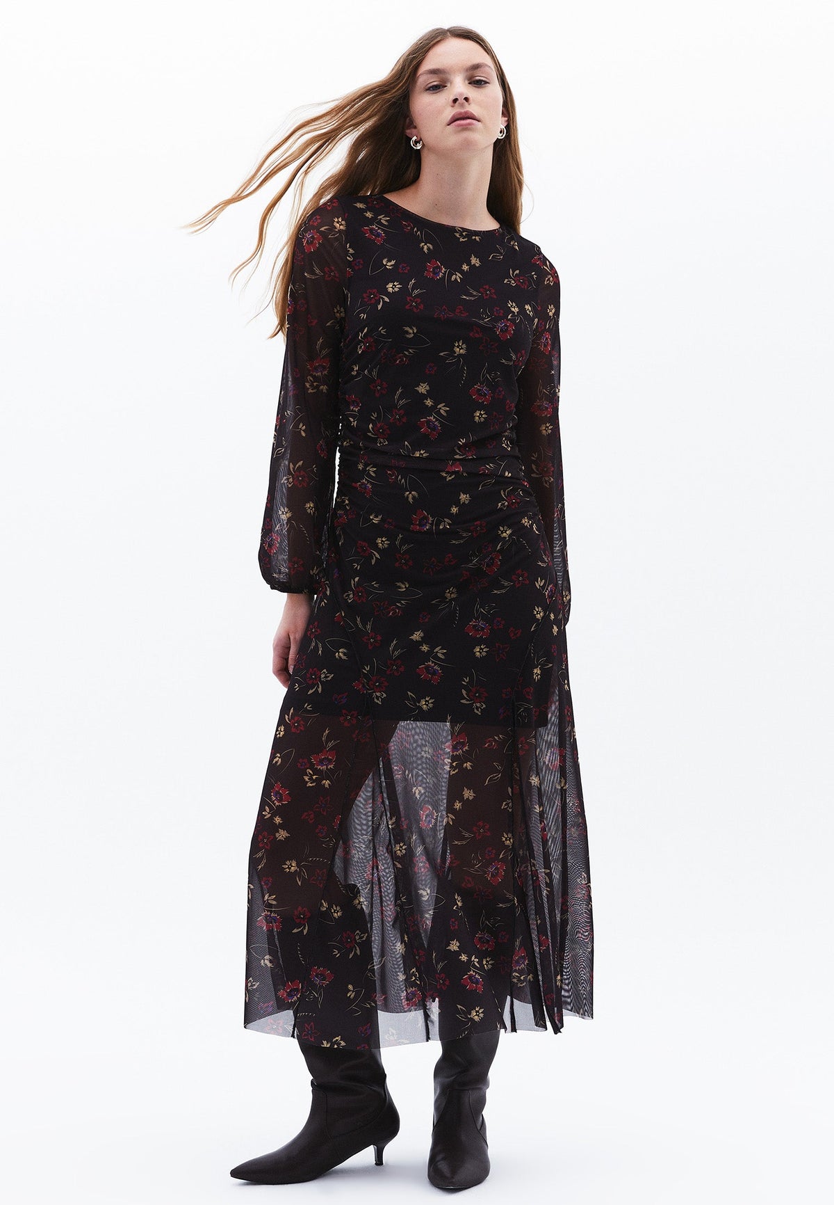 Long A-Line Crew Neck Dress - FLORAL COMB