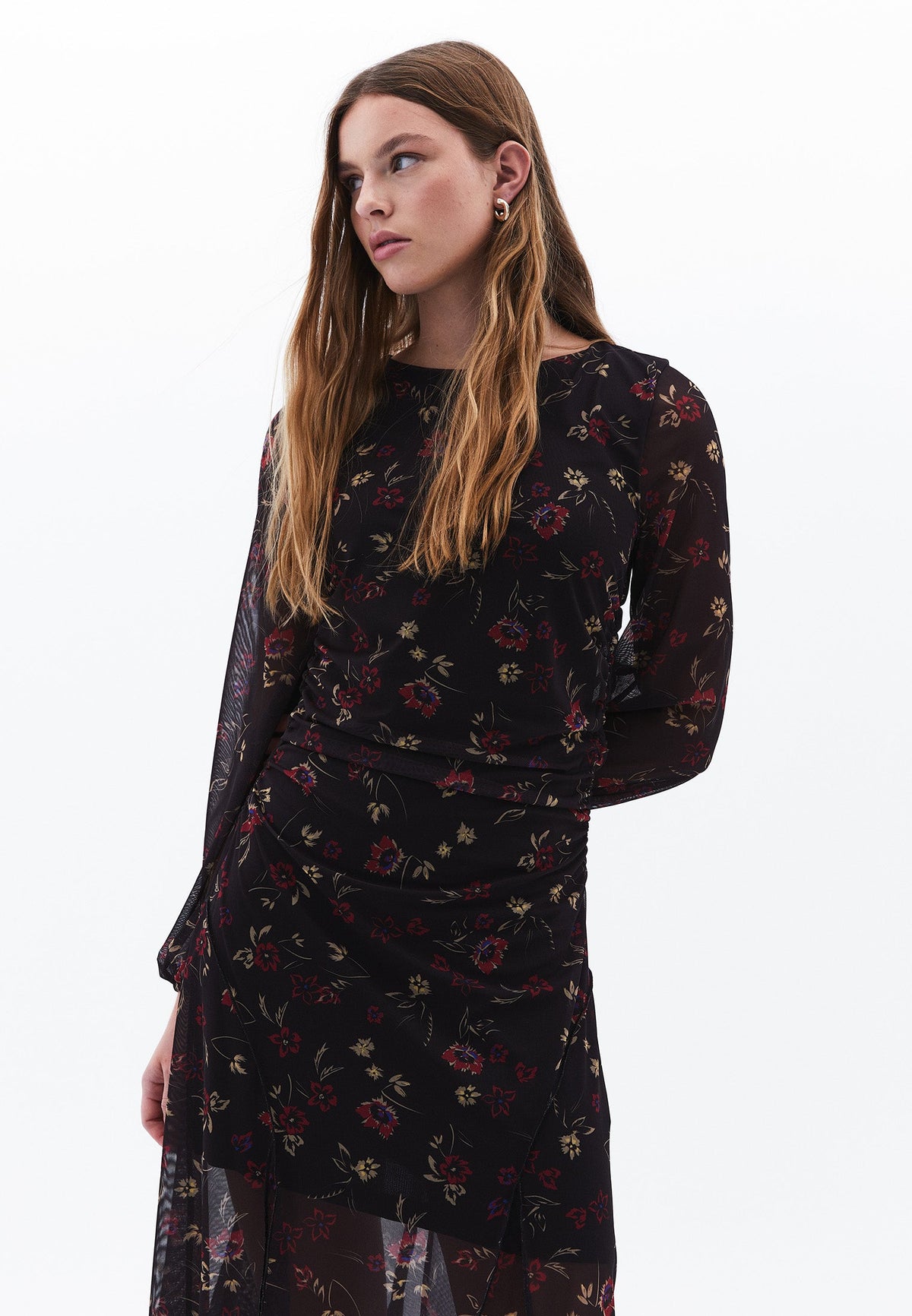 Long A-Line Crew Neck Dress - FLORAL COMB