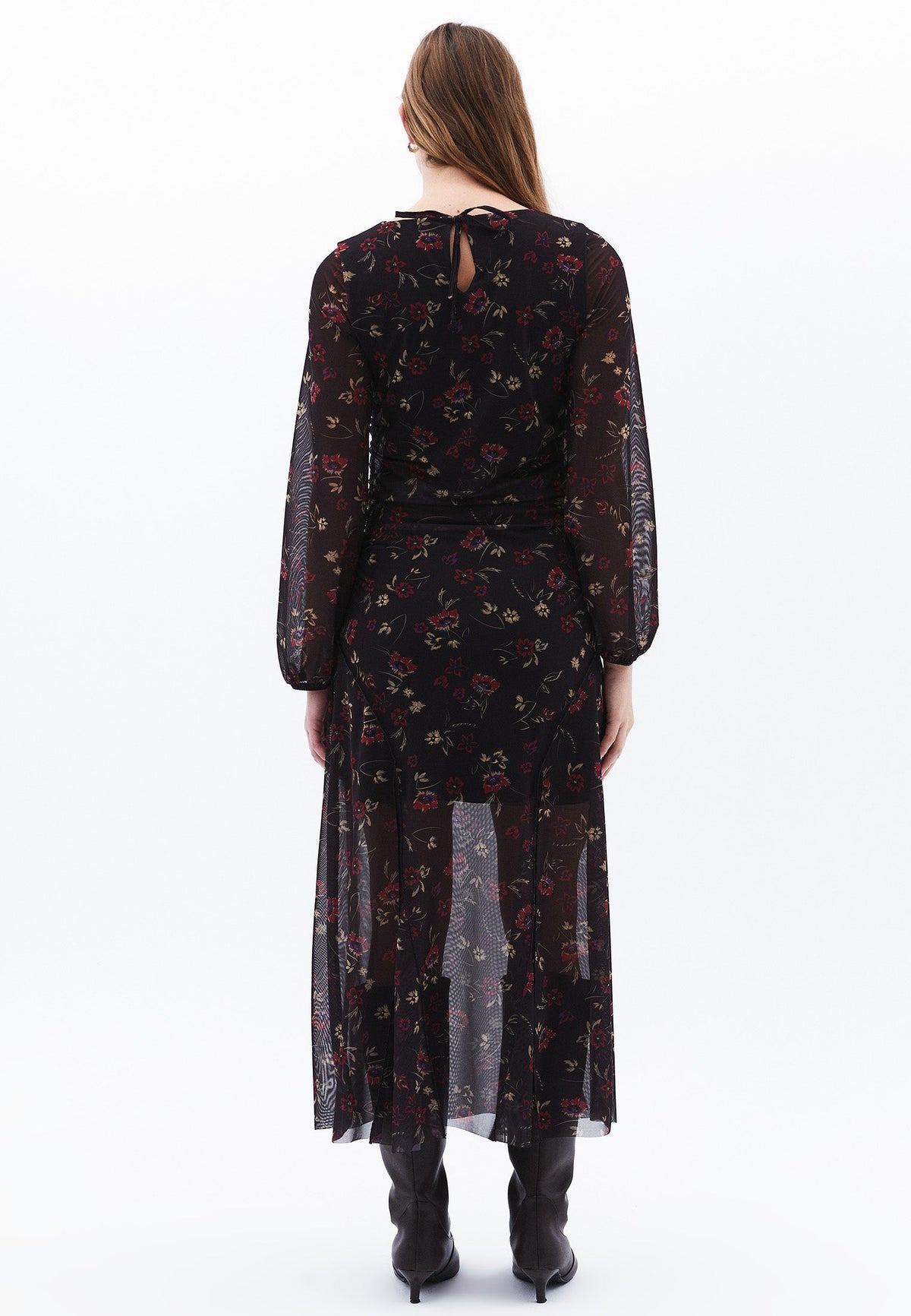 Long A-Line Crew Neck Dress - FLORAL COMB