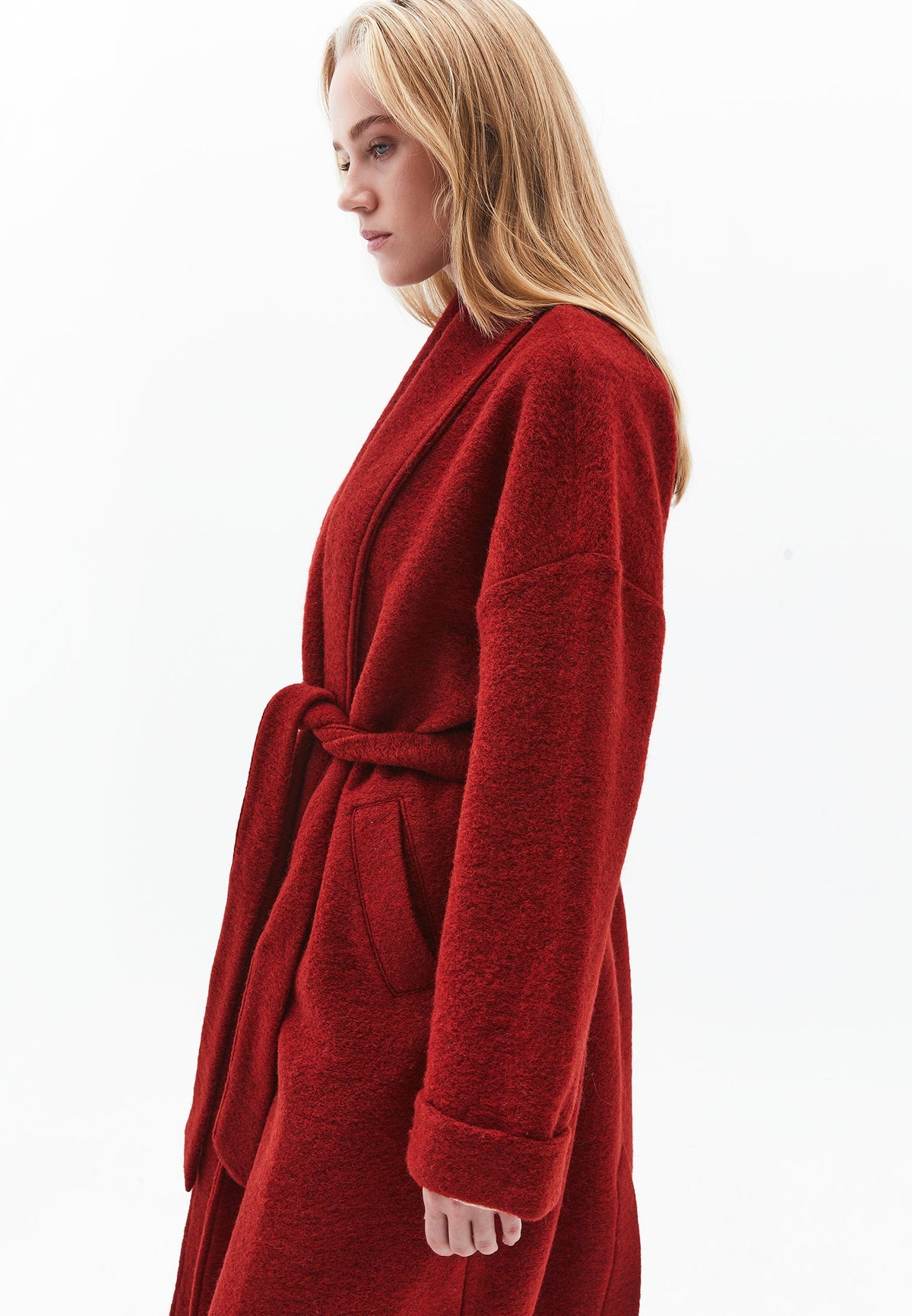 Long Coat With Shawl Collar And Belt Detail - FRIED BRICK