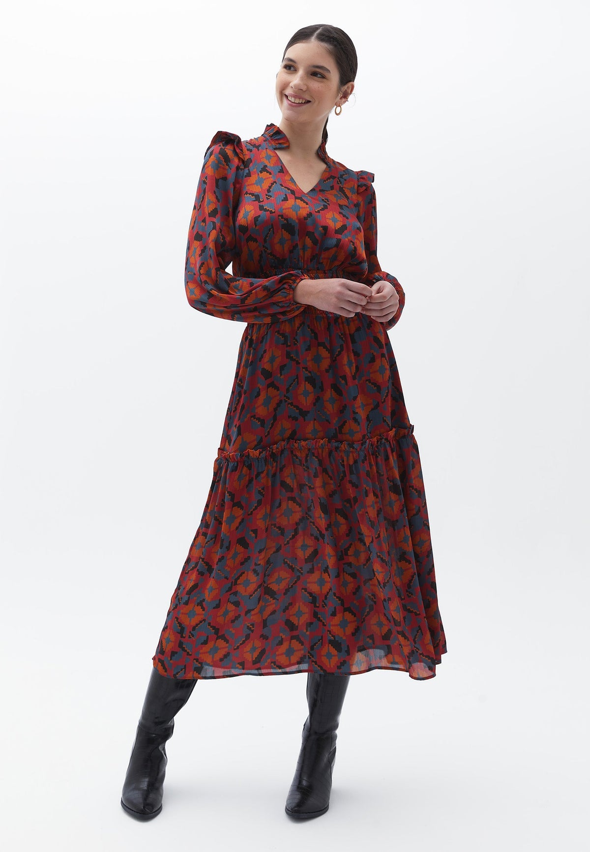 Long V Neck Ruffled Dress - GEO PRINT