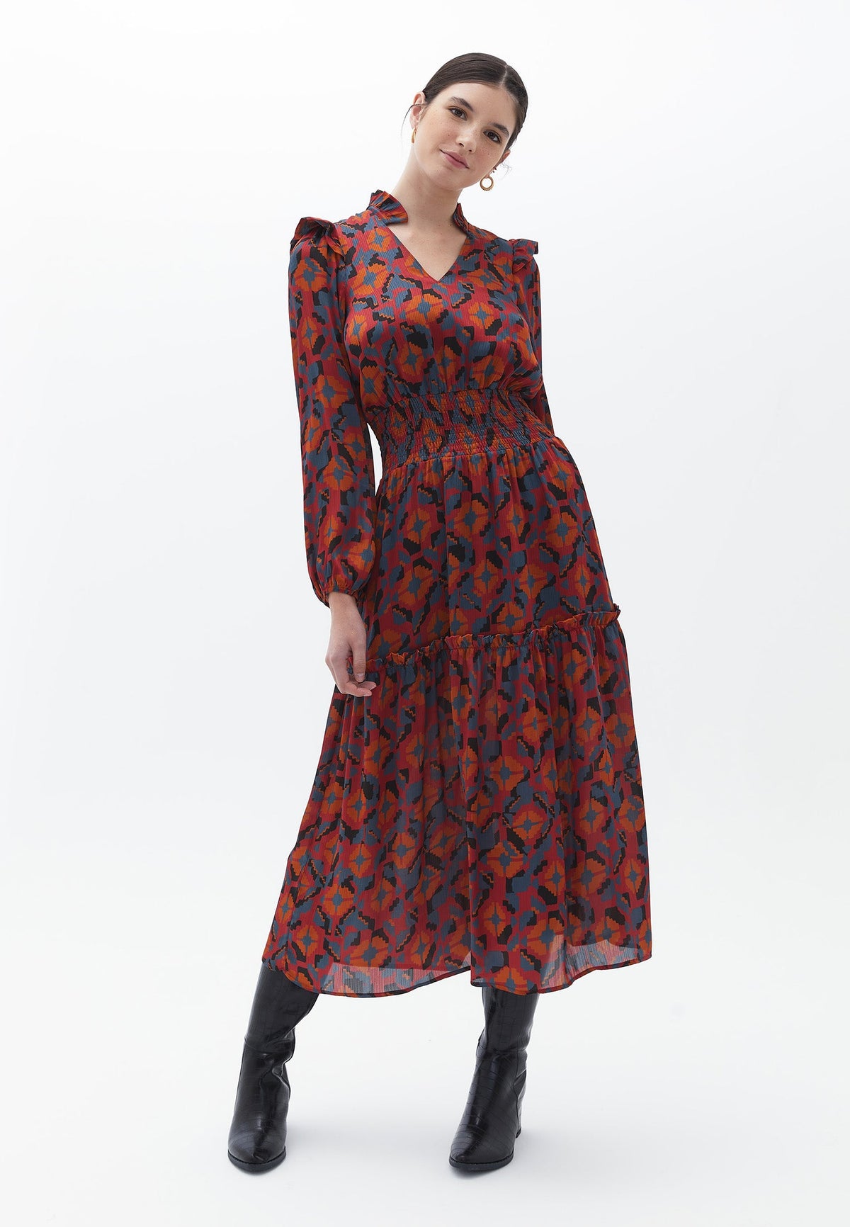Long V Neck Ruffled Dress - GEO PRINT