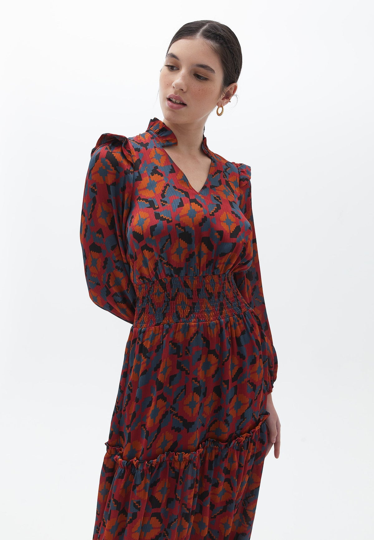 Long V Neck Ruffled Dress - GEO PRINT