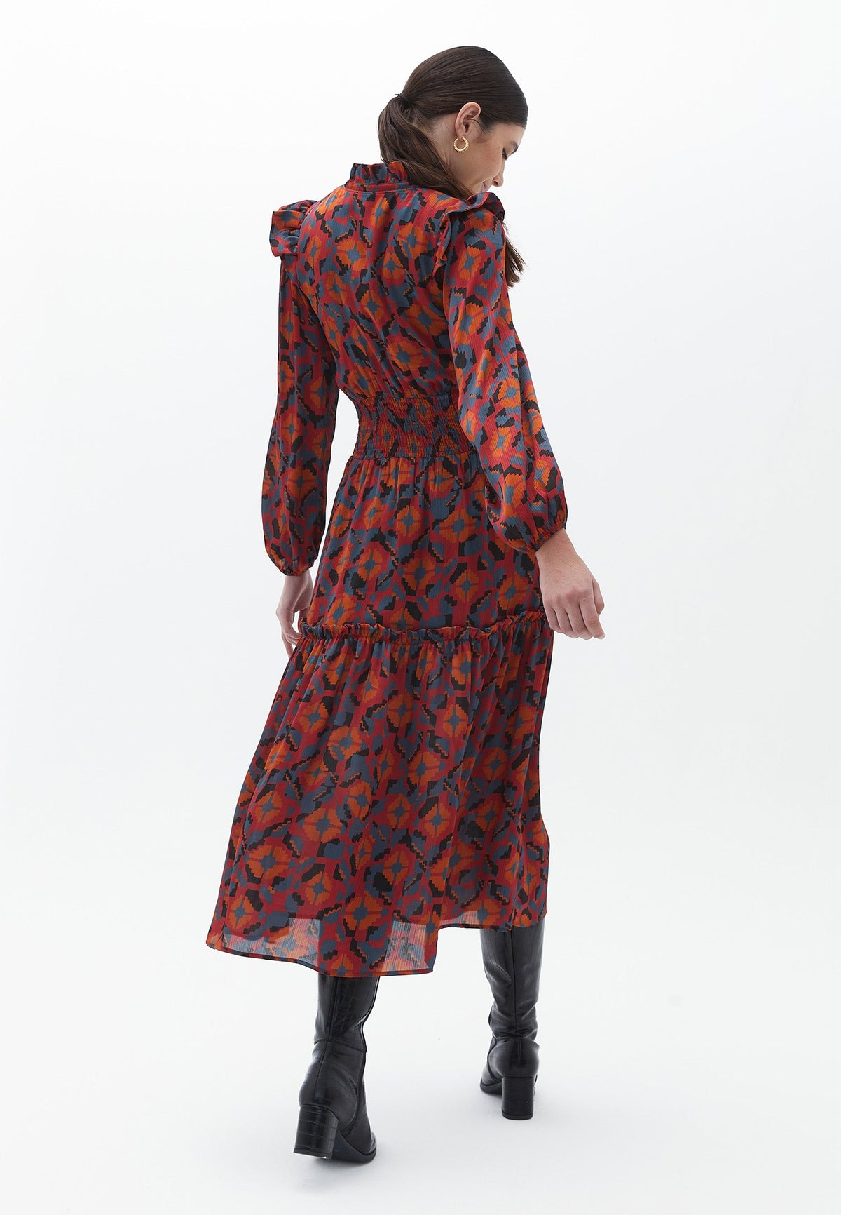 Long V Neck Ruffled Dress - GEO PRINT