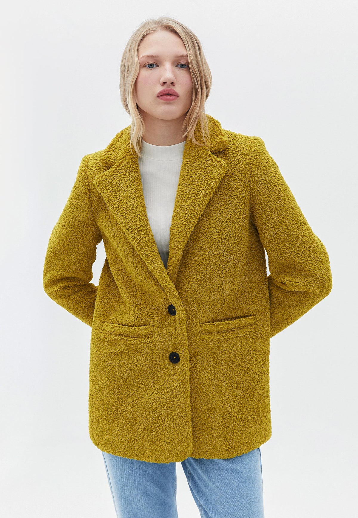 Boucle Fabric Buttoned Oversize Blazer Jacket - GOLDEN OLIVE