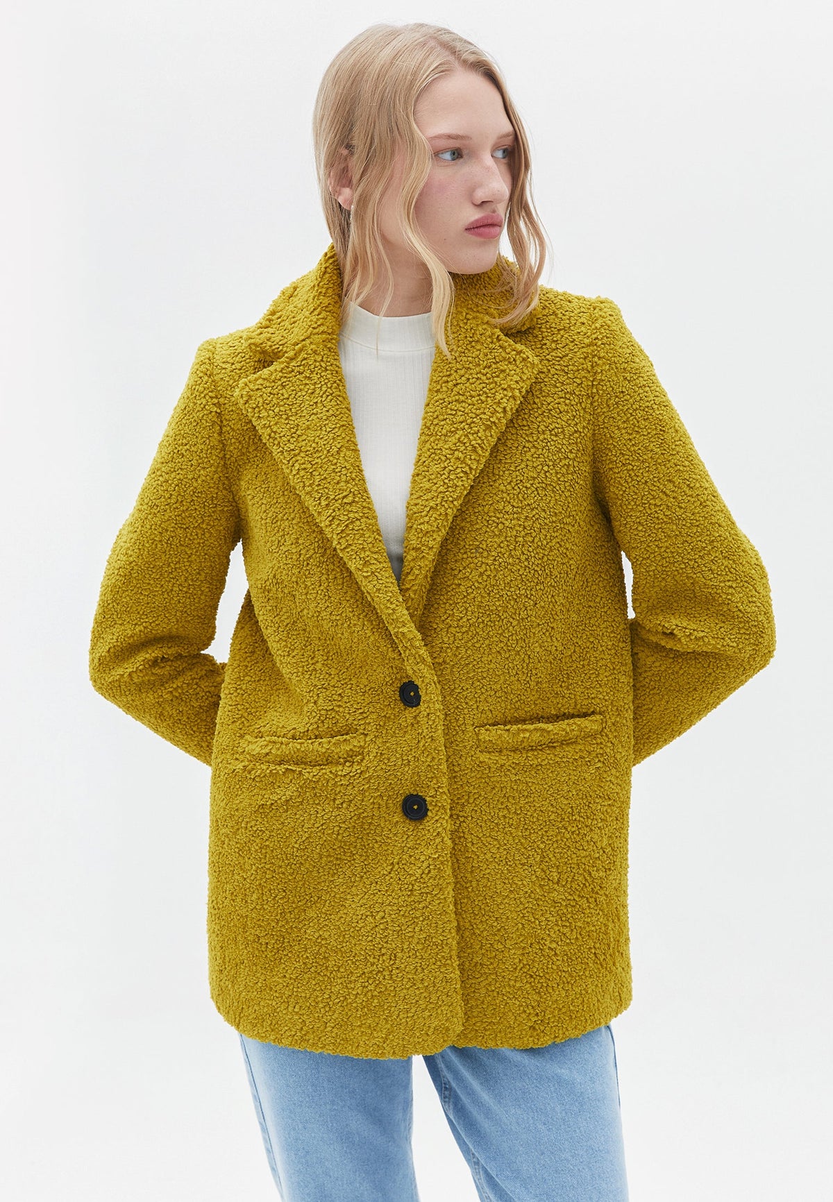Boucle Fabric Buttoned Oversize Blazer Jacket - GOLDEN OLIVE