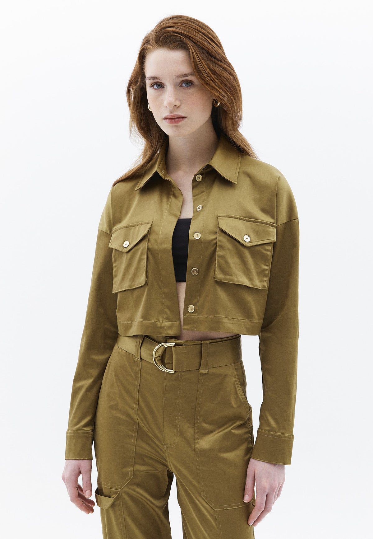 Cropped Shirt With Pocket Detail And Loose Fit - GOTHIC OLIVE