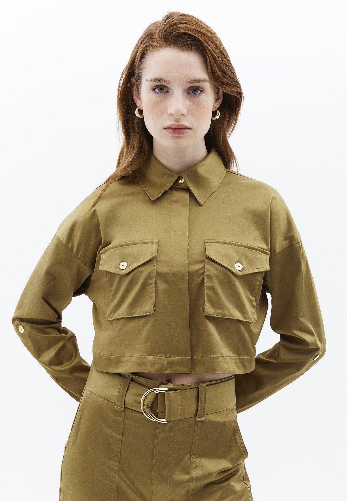 Cropped Shirt With Pocket Detail And Loose Fit - GOTHIC OLIVE