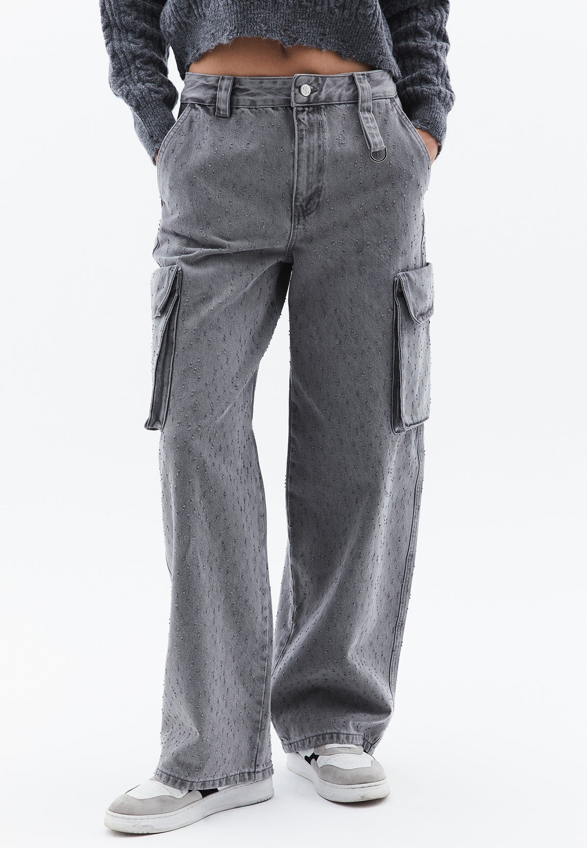 Skater Low Waist Wide Leg Pants - GREY DENIM
