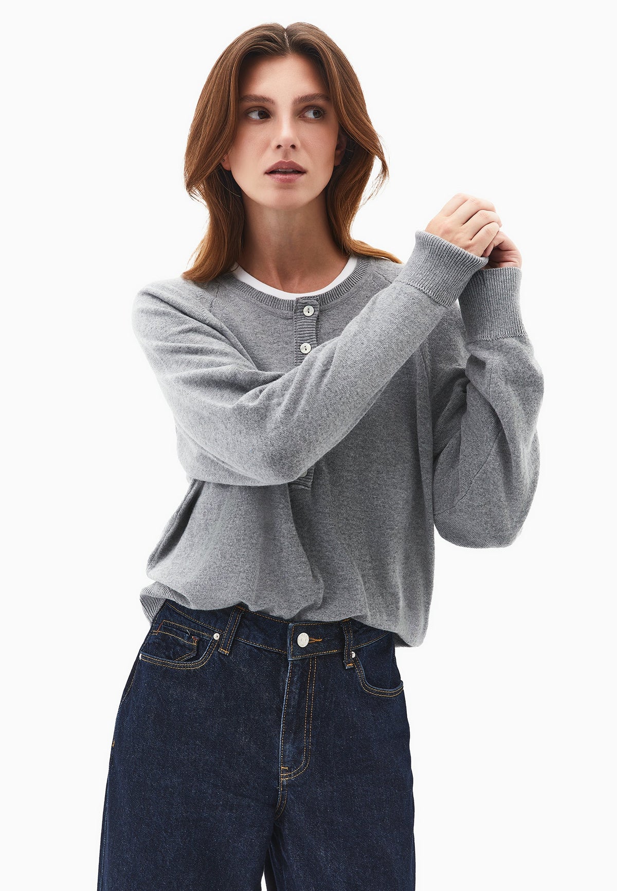 V Neck Raglan Sleeve Knit Sweater - GREY MELANGE