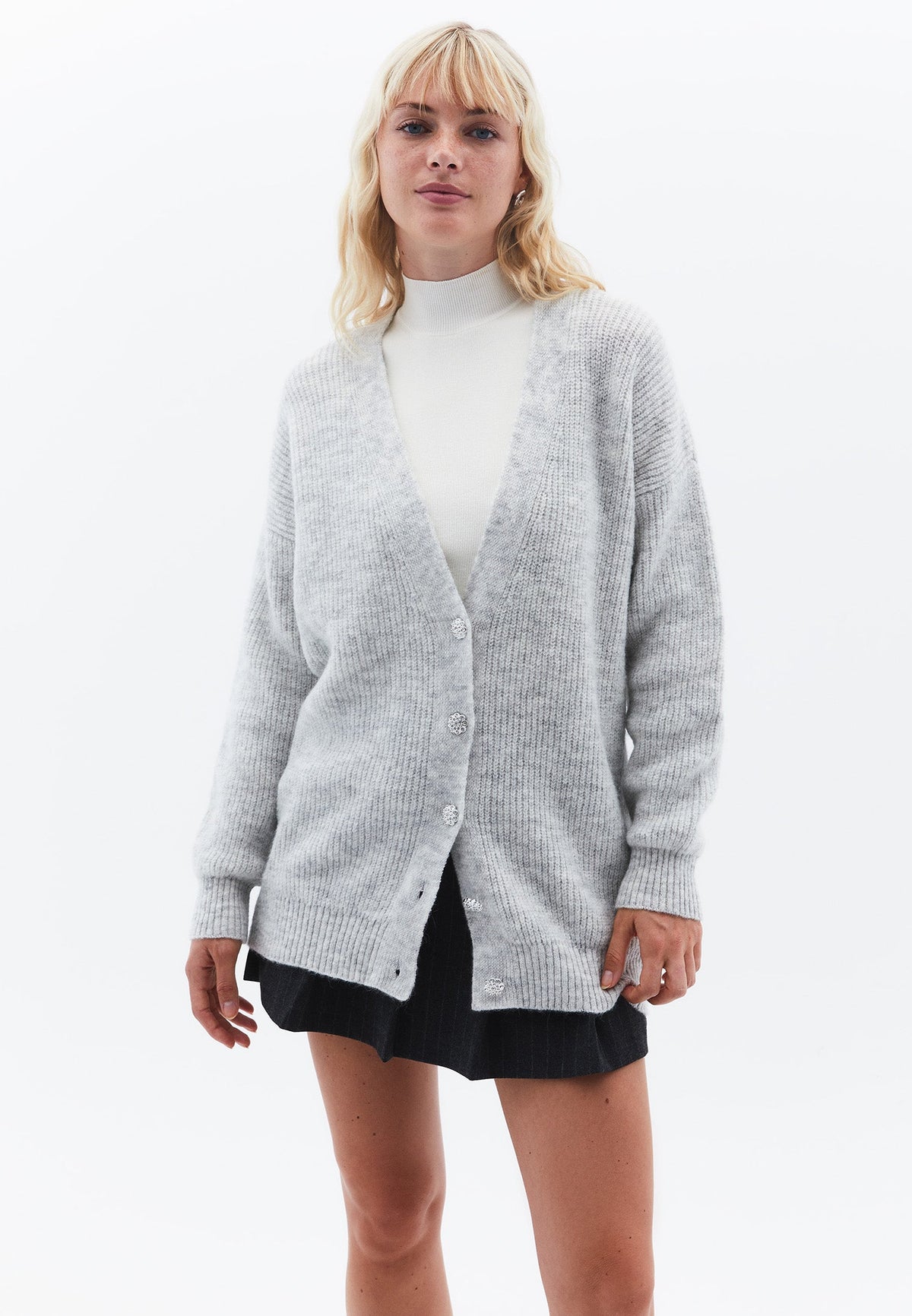 Deep V-Neck Cardigan With Button Details - GREY MELANGE