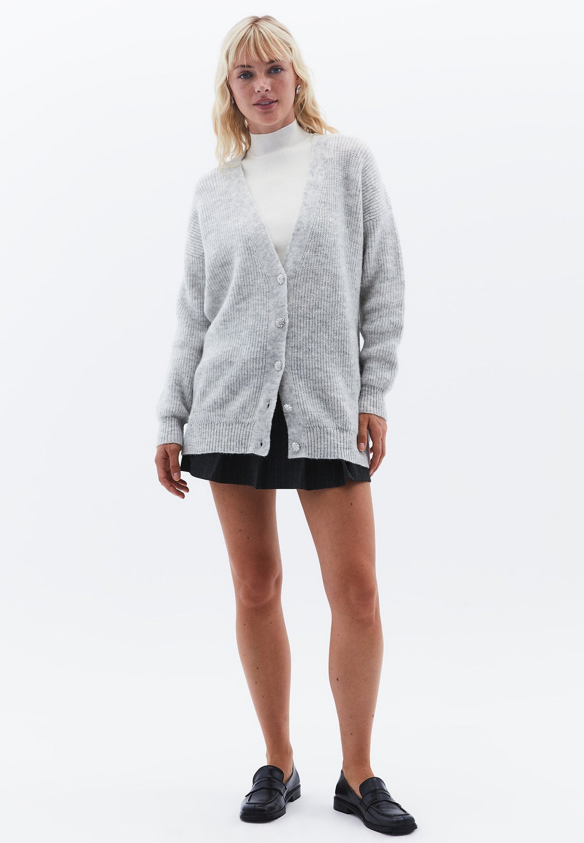 Deep V-Neck Cardigan With Button Details - GREY MELANGE