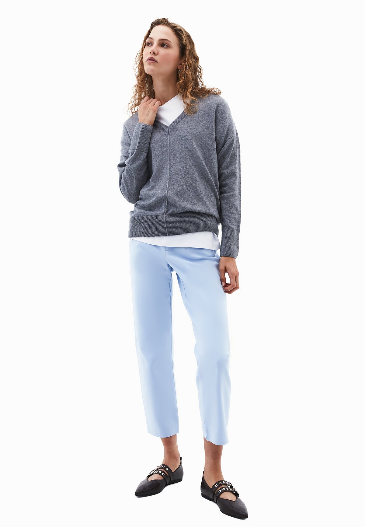 Long V-Neck Knit Sweater With Cashmere Blend - GREY MELANGE