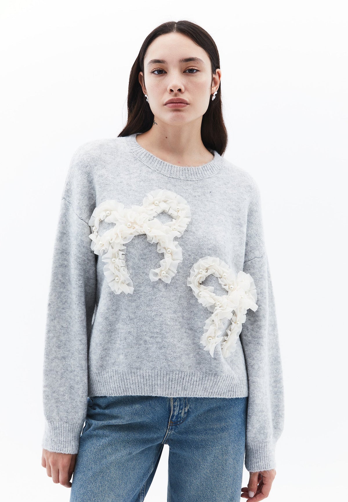 Sweater With Bow Detail And Crew Neck - GREY MELANGE