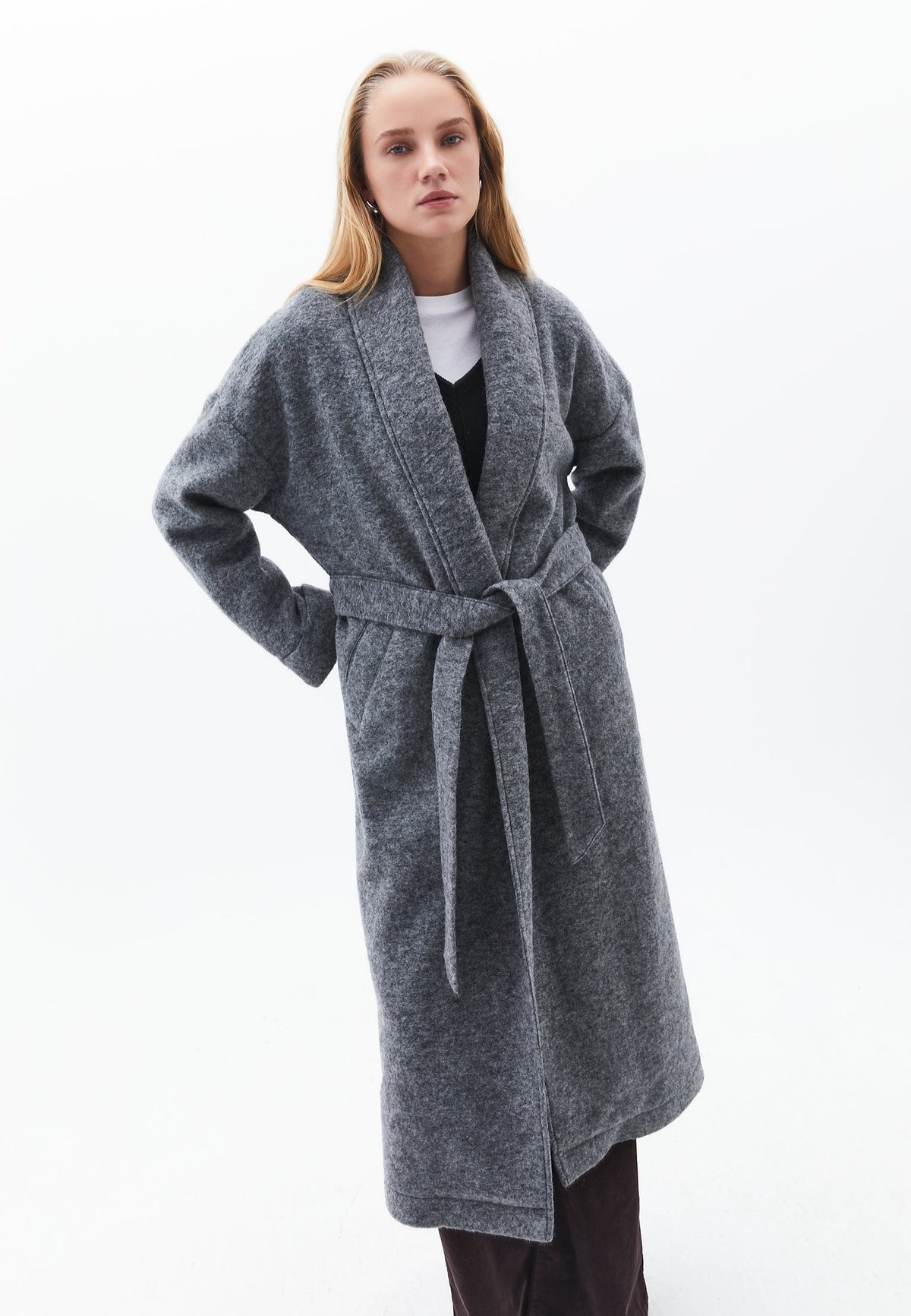 Long Coat With Shawl Collar And Belt Detail - GREY MELANGE