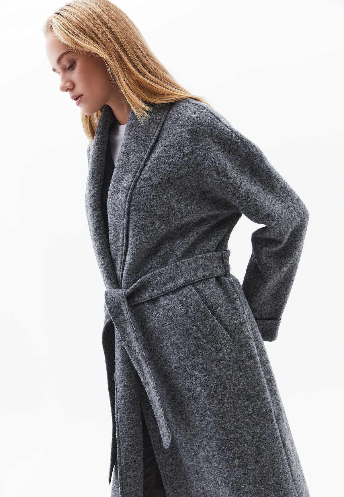 Long Coat With Shawl Collar And Belt Detail - GREY MELANGE
