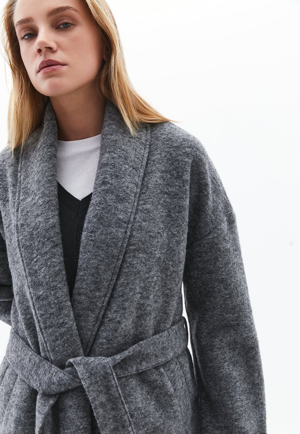 Long Coat With Shawl Collar And Belt Detail - GREY MELANGE
