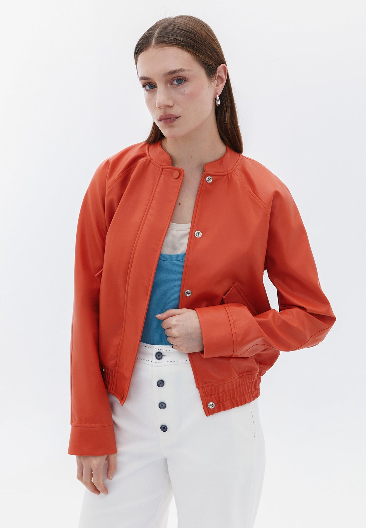 Bomber Long Sleeve Leather Jacket - HARVEST PUMPKIN